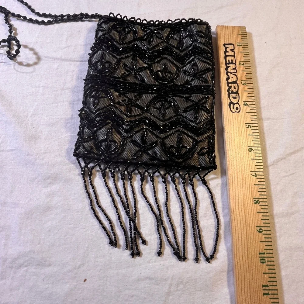 Indeed Black Beaded Lace Evening Clutch‎ Purse Bag Fringe Strap